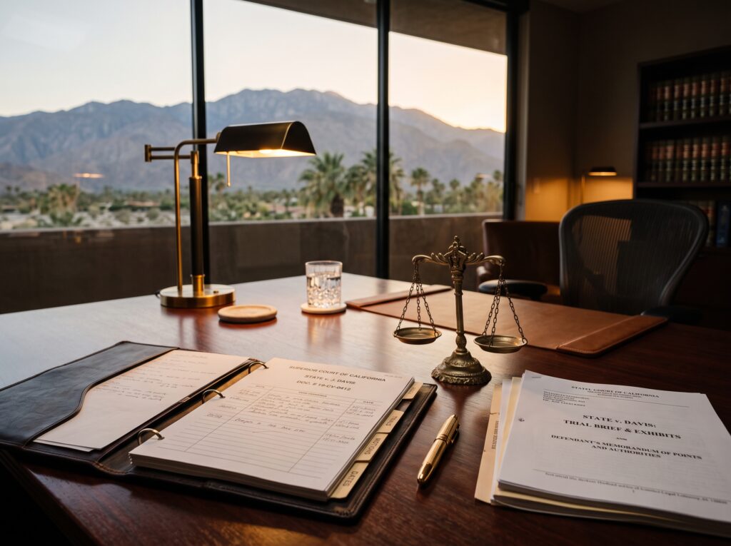 Trust and estate litigation trial brief documents with scales of justice overlooking Palm Desert CA mountains - Law Office of Thomas W. Harris Jr.