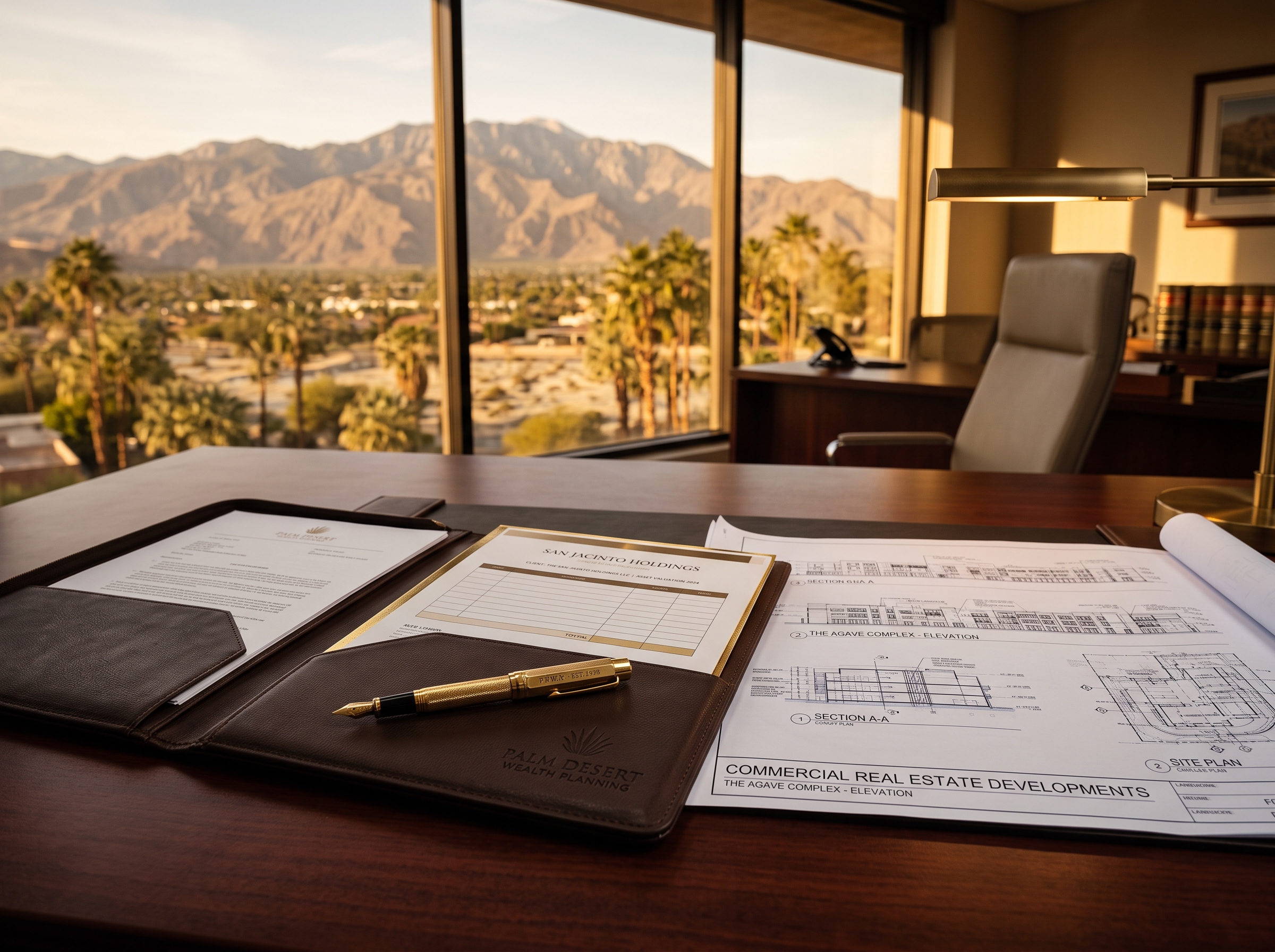 Asset protection documents and commercial blueprints on executive desk overlooking Palm Desert CA - Law Office of Thomas W. Harris Jr.