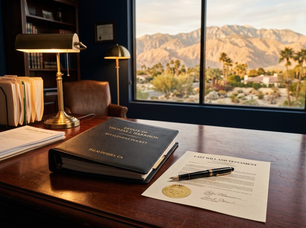 California probate docket and last will and testament on executive desk overlooking Coachella Valley mountains - Law Office of Thomas W. Harris Jr.