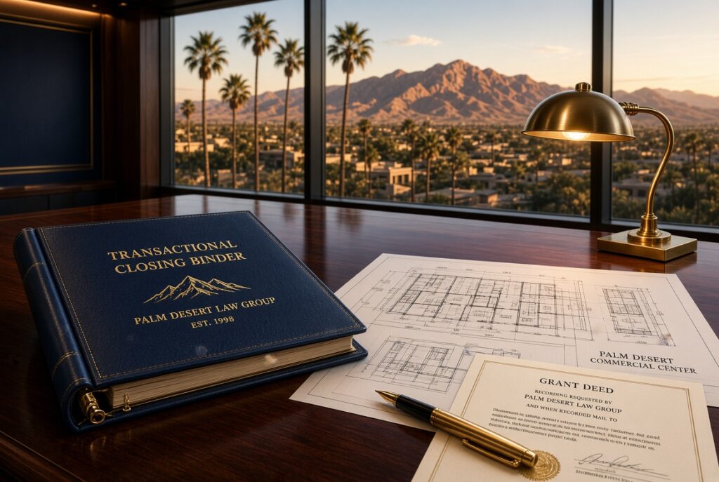 Palm Desert real estate attorney transactional closing binder, grant deed, and commercial blueprints overlooking Coachella Valley