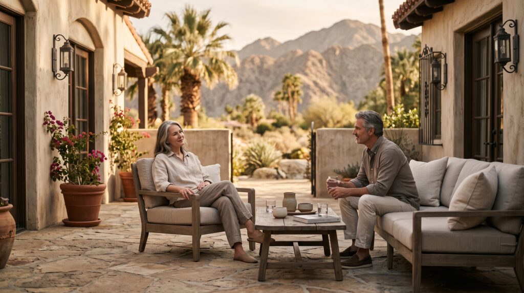 Mature couple relaxing on their Coachella Valley patio after establishing a California living trust to protect family estate assets.